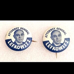 2 New York Attorney General Louis Lefkowitz Political Button Pin NOS 1950s